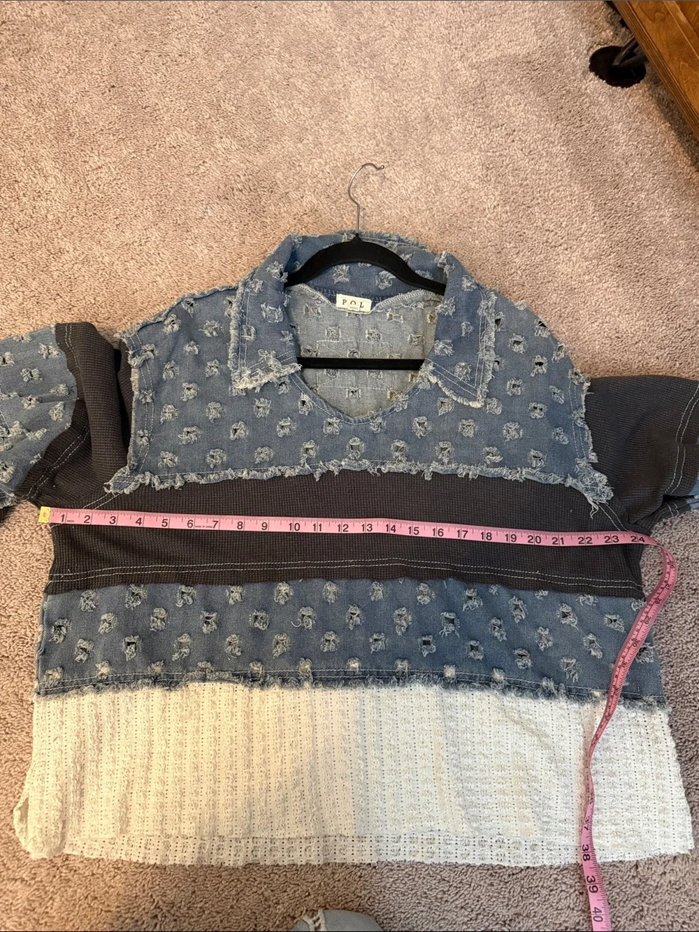Pol Distressed Patchwork Pullover - Blue, Dark Gray, Cream - Picture 11 of 15